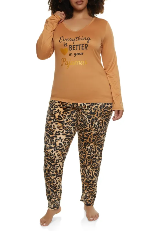Plus Size Everything Is Better In Your Pajamas Top and Pants sold by Rainbow