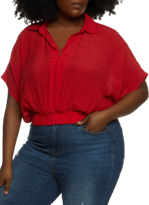 Plus Size Elastic Hem Button Down Blouse sold by Rainbow