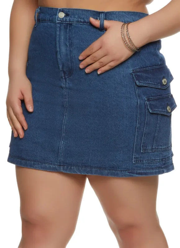 Plus Size Denim Cargo Mini Skirt sold by Rainbow
