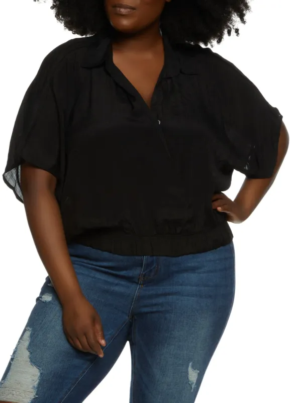Plus Size Elastic Hem Button Down Blouse sold by Rainbow