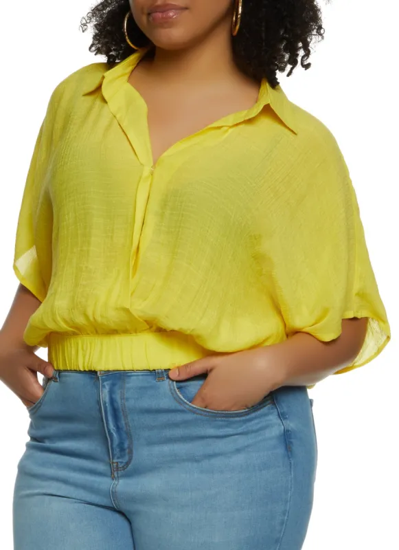 Plus Size Elastic Hem Button Down Blouse sold by Rainbow