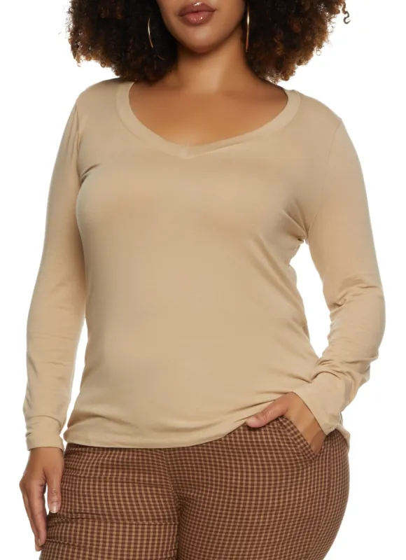 Plus Size Basic V Neck Long Sleeve Tee sold by Rainbow