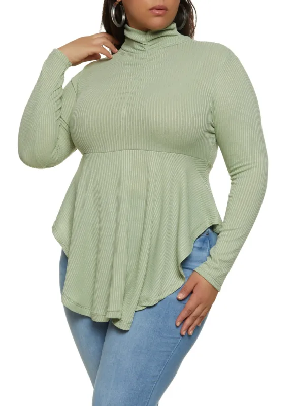 Plus Size Ruched Mock Neck Long Sleeve Babydoll Top sold by Rainbow
