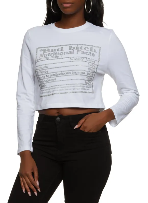 Nutritional Facts Long Sleeve Rhinestone Graphic Tee sold by Rainbow