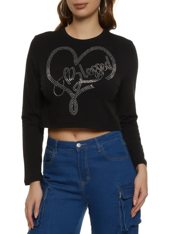 Blessed Long Sleeve Rhinestone Graphic Tee sold by Rainbow