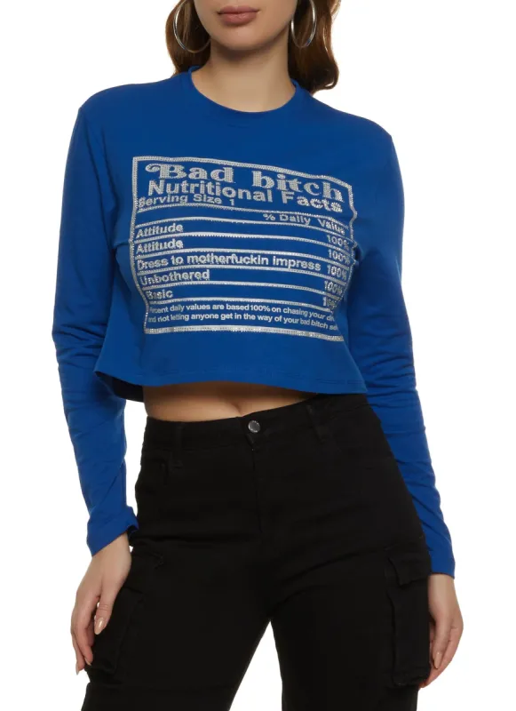 Nutritional Facts Long Sleeve Rhinestone Graphic Tee sold by Rainbow