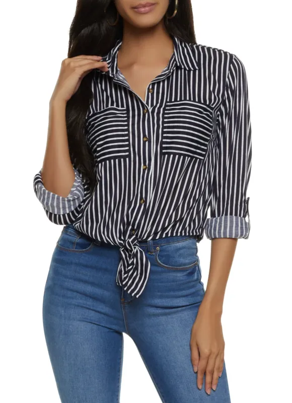 Button Front Tabbed Sleeve Tie Front Shirt sold by Rainbow