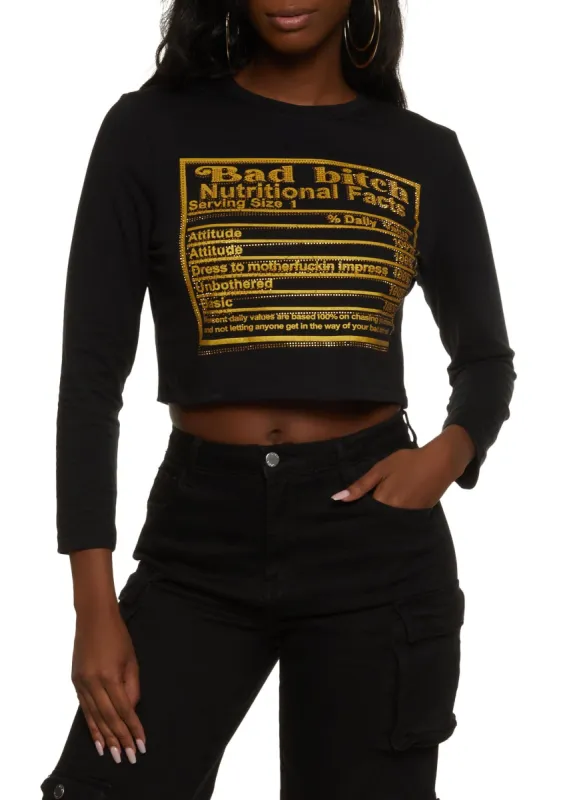 Nutritional Facts Long Sleeve Rhinestone Graphic Tee sold by Rainbow