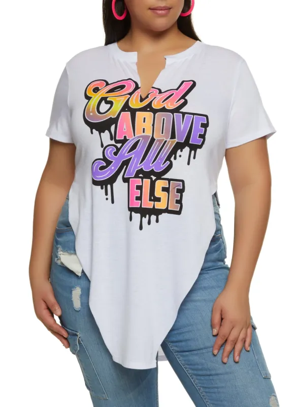 Plus Size God Above All Else Notch Neck Graphic Tee sold by Rainbow