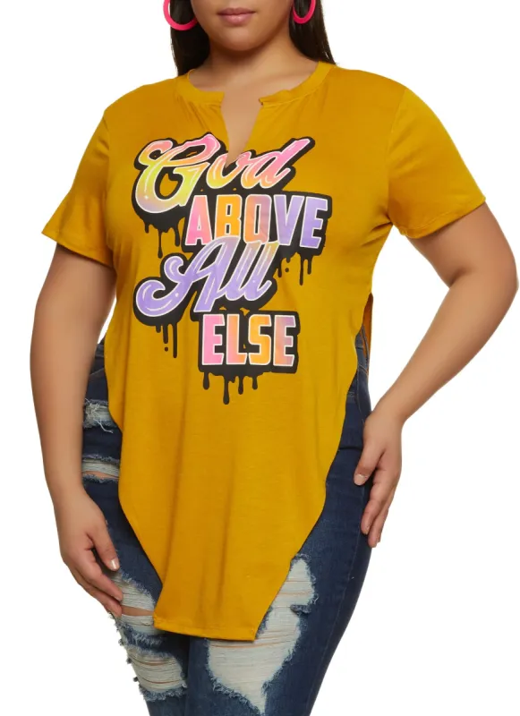 Plus Size God Above All Else Notch Neck Graphic Tee sold by Rainbow