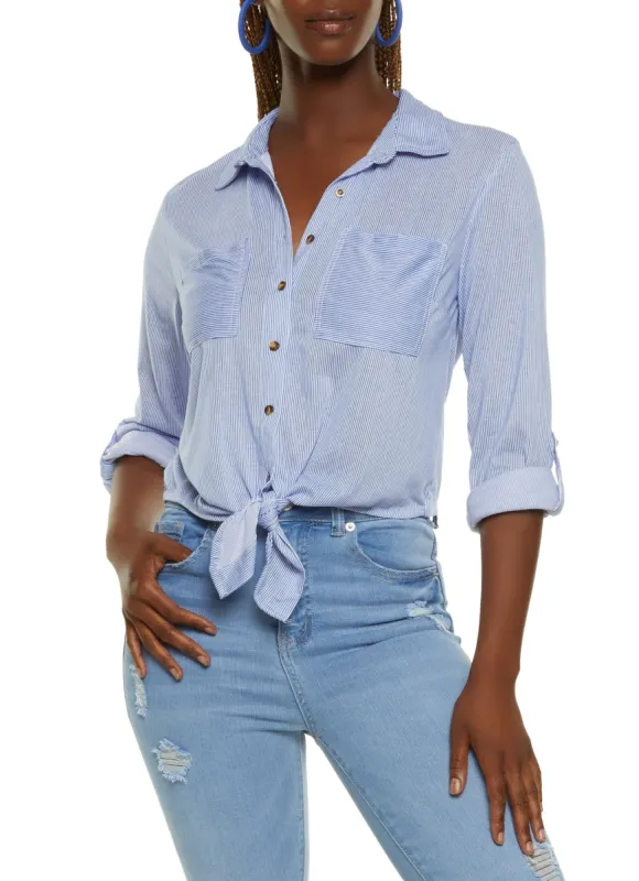 Button Front Tabbed Sleeve Tie Front Shirt sold by Rainbow