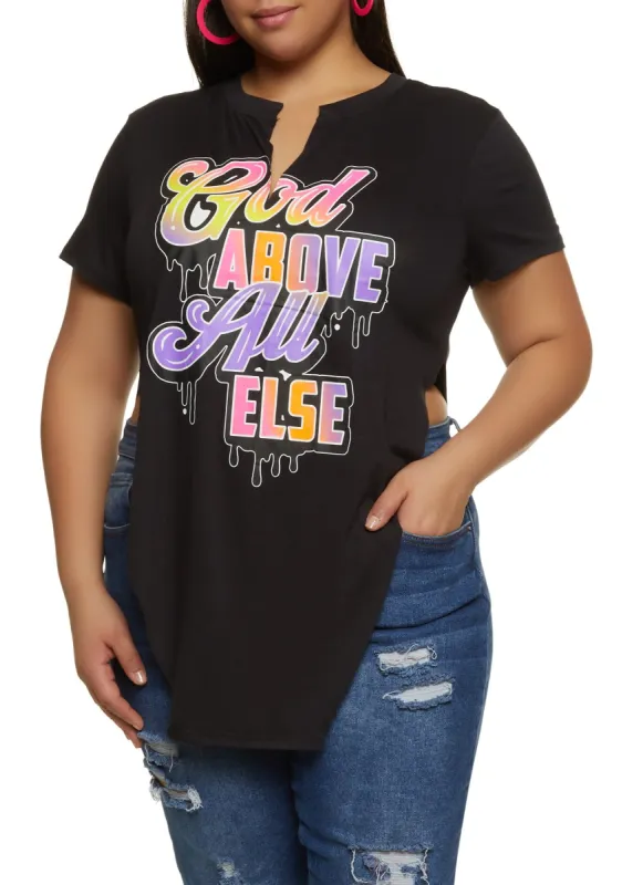 Plus Size God Above All Else Notch Neck Graphic Tee sold by Rainbow