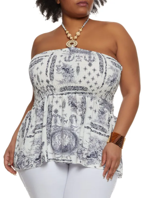 Plus Size Smocked Graphic Print Halter Top sold by Rainbow