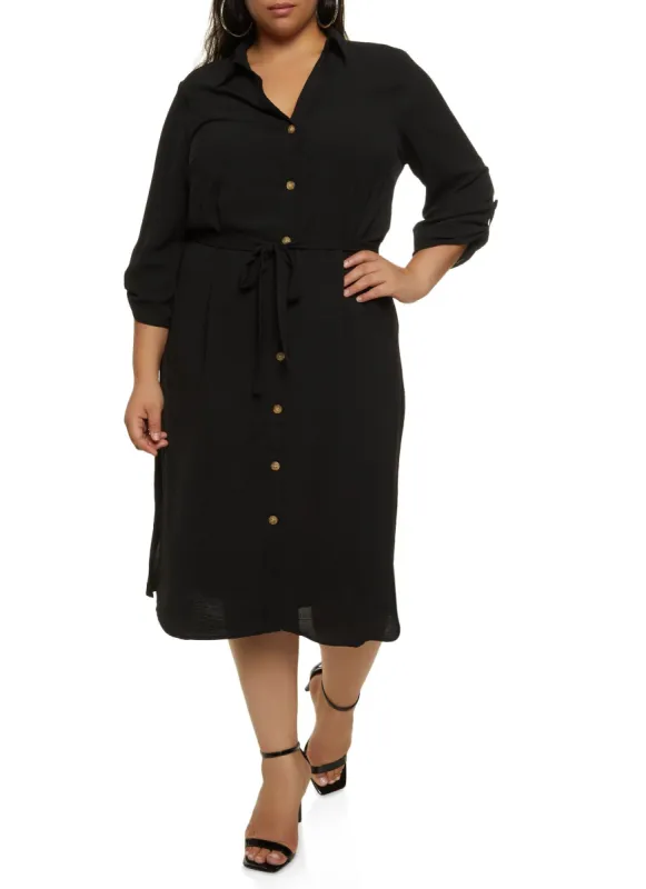 Plus Size Airy Button Front Tie Waist Belted Shirt Dress sold by Rainbow