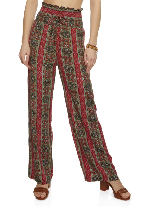 Smocked Waist Printed Wide Leg Pants sold by Rainbow