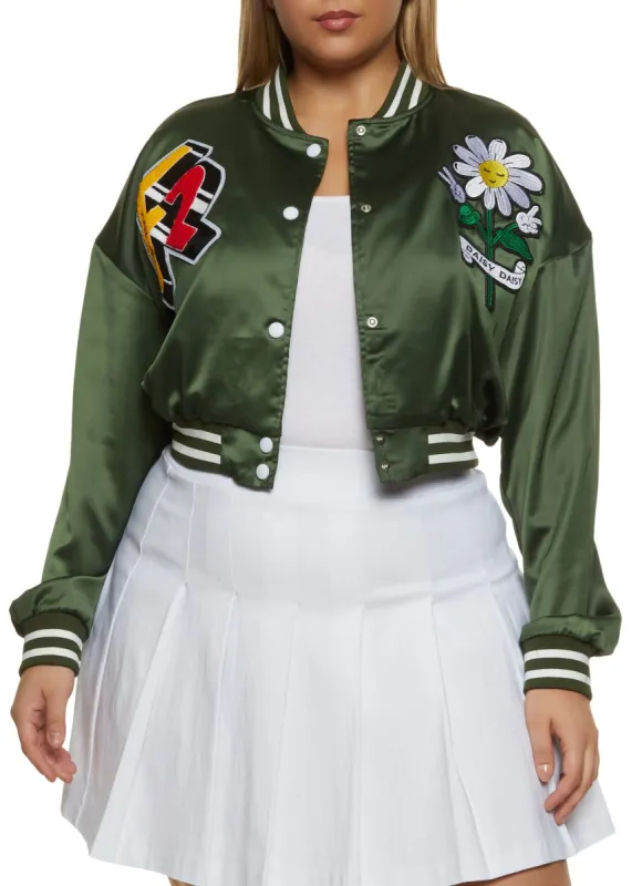 Plus Size Graphic Patch Cropped Varsity Jacket sold by Rainbow