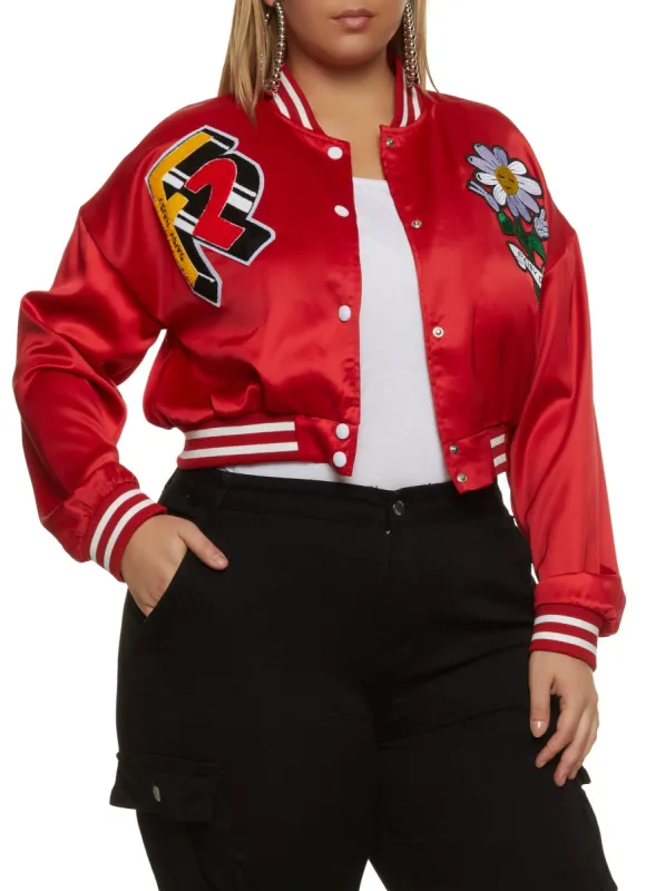 Plus Size Graphic Patch Cropped Varsity Jacket sold by Rainbow
