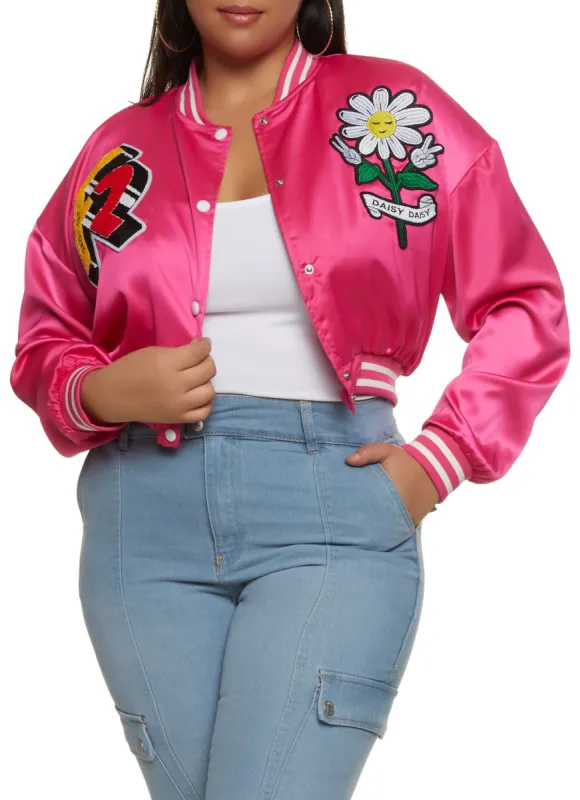 Plus Size Graphic Patch Cropped Varsity Jacket sold by Rainbow