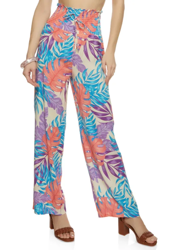 Smocked Waist Tropical Print Wide Leg Pants sold by Rainbow