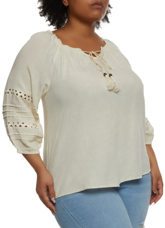 Plus Size Keyhole Crotchet Detail Puff Sleeve Blouse sold by Rainbow