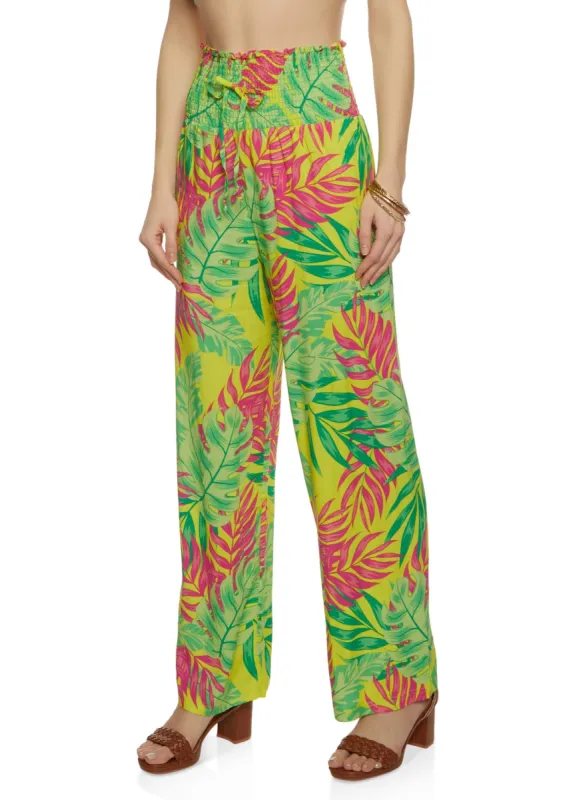 Smocked Waist Tropical Print Wide Leg Pants sold by Rainbow