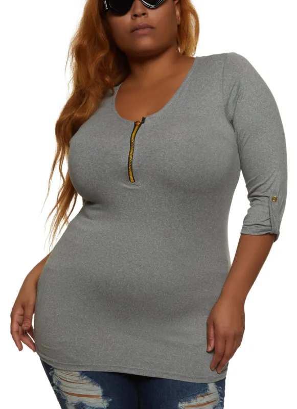 Plus Size Zipper Detail Ruched Side Shirt sold by Rainbow