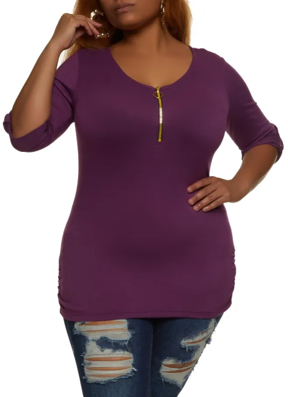 Plus Size Zipper Detail Ruched Side Shirt sold by Rainbow