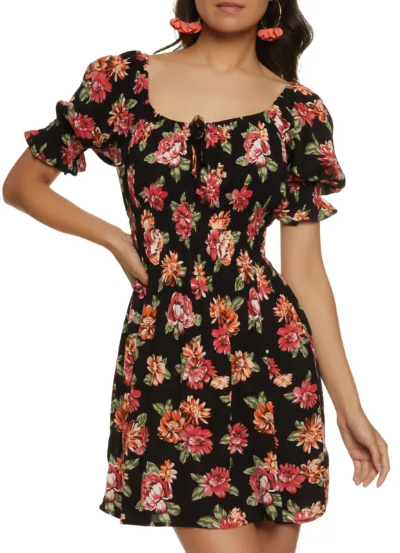 Floral Tie Neck Peasant Dress sold by Rainbow