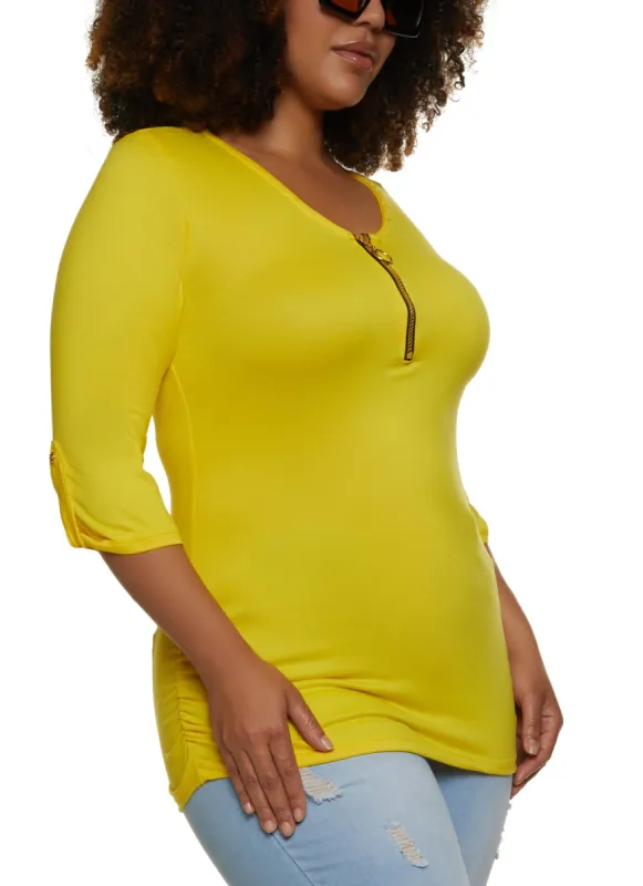 Plus Size Zipper Detail Ruched Side Shirt sold by Rainbow