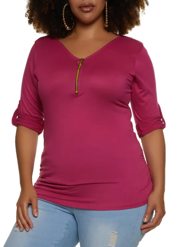 Plus Size Zipper Detail Ruched Side Shirt sold by Rainbow