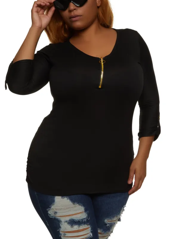 Plus Size Zipper Detail Ruched Side Shirt sold by Rainbow