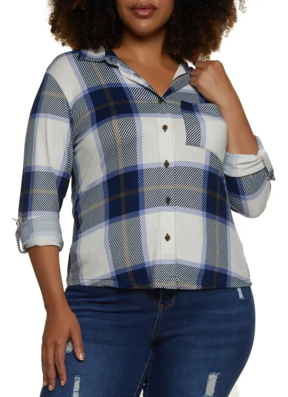 Plus Size Plaid Button Front Tabbed Sleeve Shirt sold by Rainbow