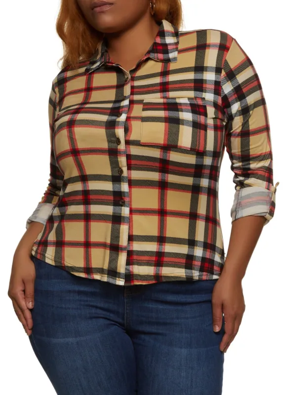 Plus Size Plaid Button Front Tabbed Sleeve Shirt sold by Rainbow