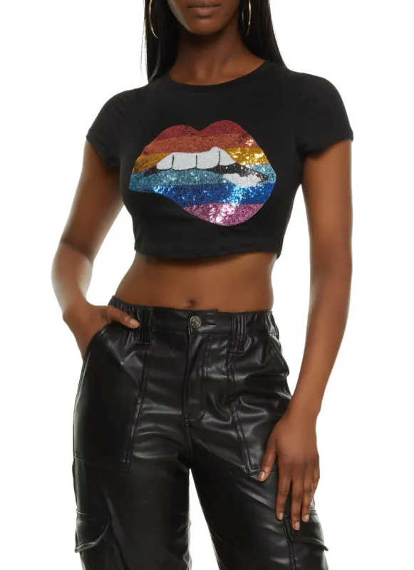 Sequin Lips Patch Crop Top sold by Rainbow