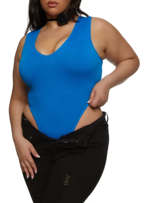 Plus Size Rib Knit High Cut Seamless V Neck Bodysuit sold by Rainbow