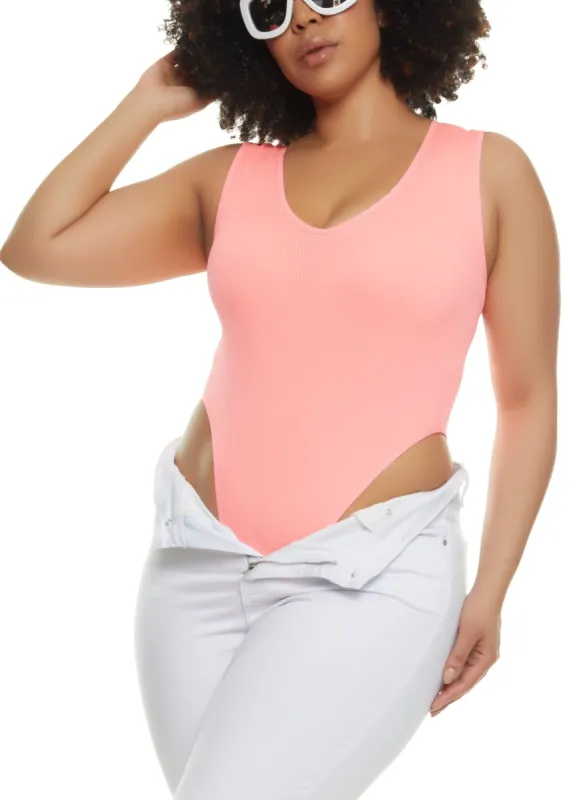 Plus Size Rib Knit High Cut Seamless V Neck Bodysuit sold by Rainbow
