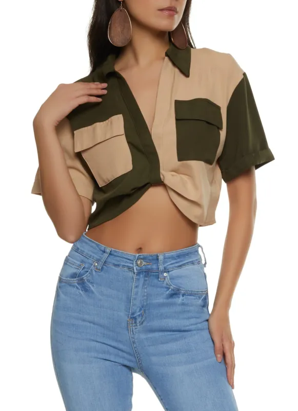 Color Block Twist Front Pocket Crop Top sold by Rainbow