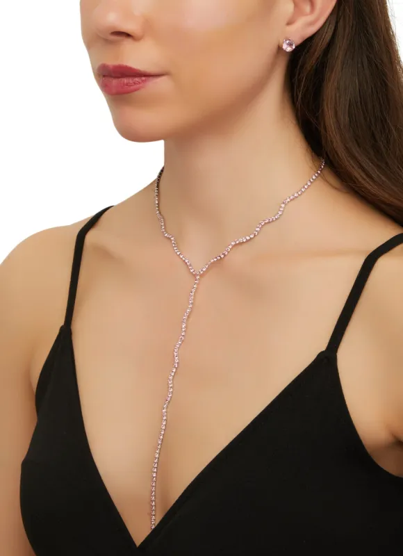 Rhinestone Lariat Necklace and Stud Earrings Set sold by Rainbow