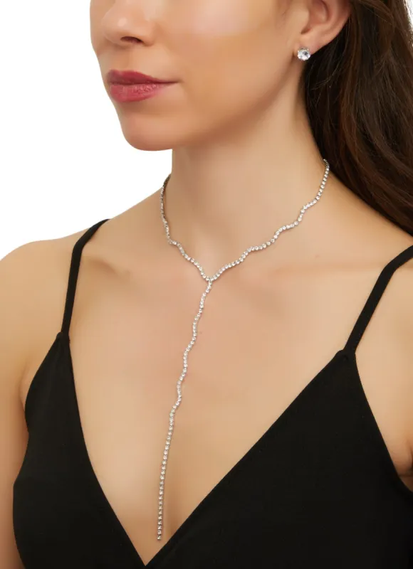 Rhinestone Lariat Necklace and Stud Earrings Set sold by Rainbow