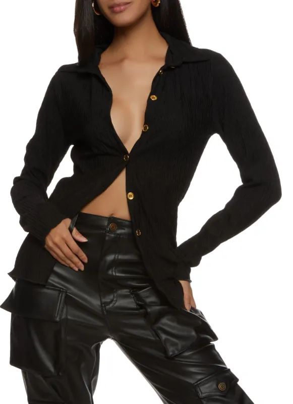 Textured Knit Button Front Long Sleeve Shirt sold by Rainbow