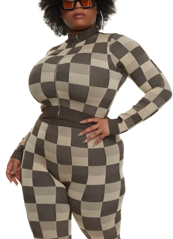 Plus Size Seamless Checkered Print Track Jacket sold by Rainbow
