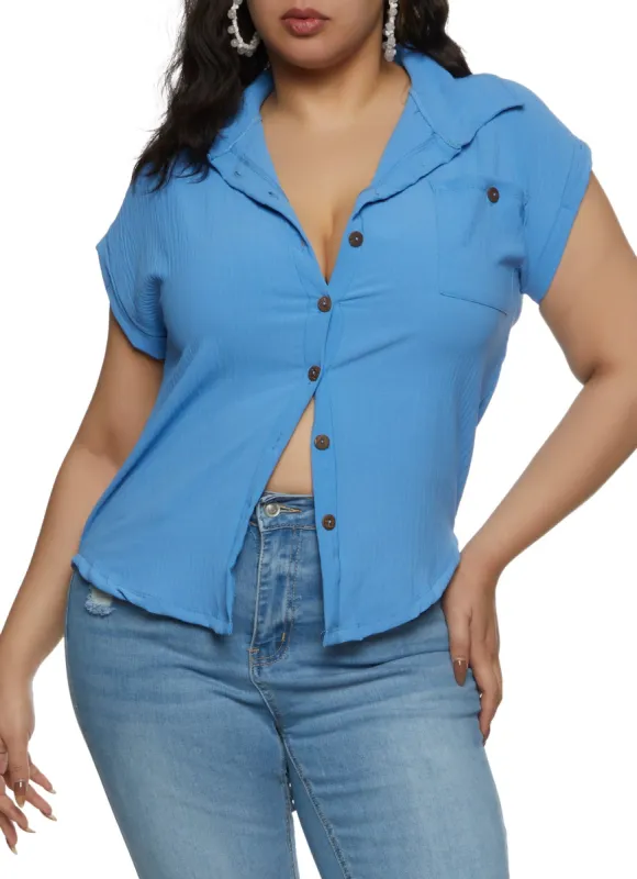 Plus Size Button Front Cap Sleeve Shirt sold by Rainbow