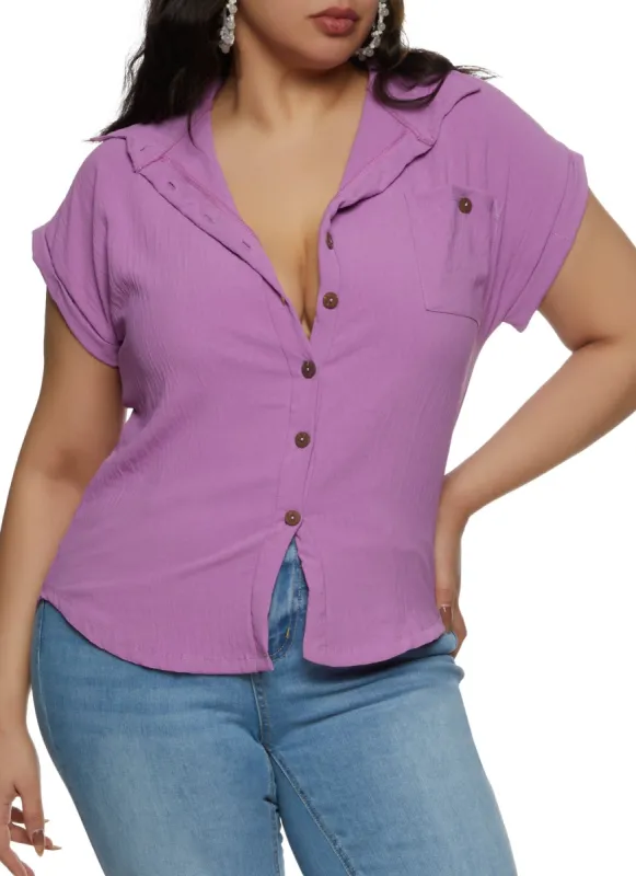 Plus Size Button Front Cap Sleeve Shirt sold by Rainbow