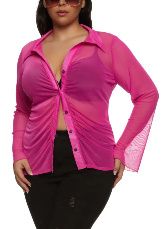 Plus Size Mesh Ruched Button Front Shirt sold by Rainbow