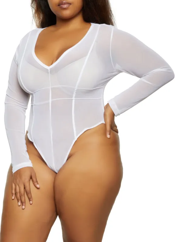 Plus Size V Neck Mesh Bodysuit sold by Rainbow
