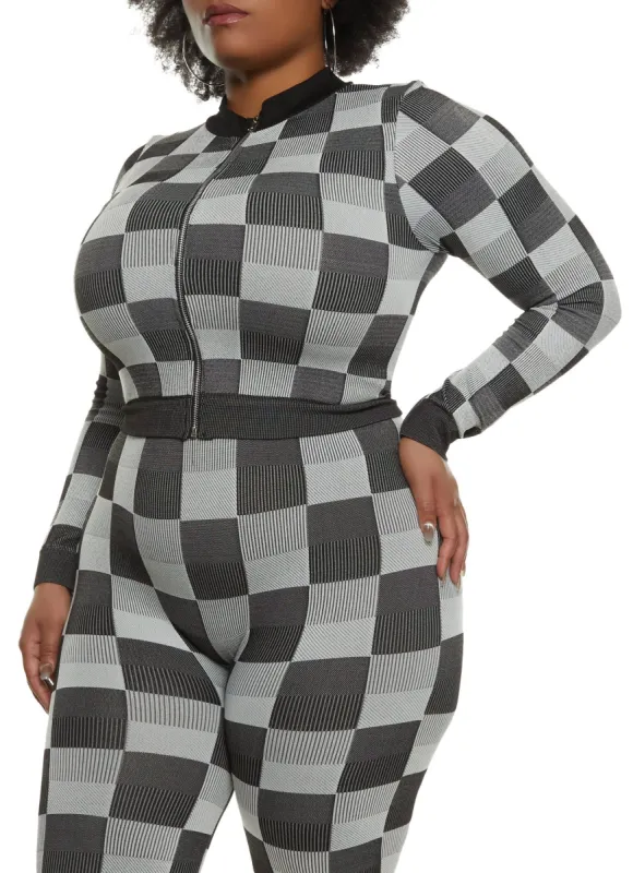 Plus Size Seamless Checkered Print Track Jacket sold by Rainbow