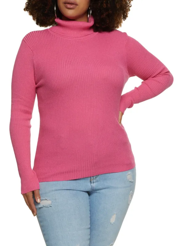 Plus Size Solid Rib Knit Turtleneck Top sold by Rainbow
