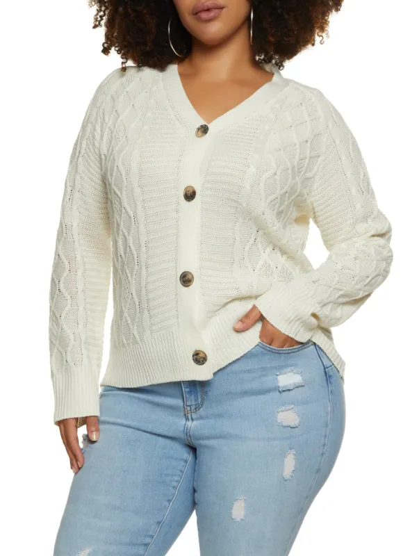 Plus Size Solid Cable Knit Button Front Cardigan sold by Rainbow