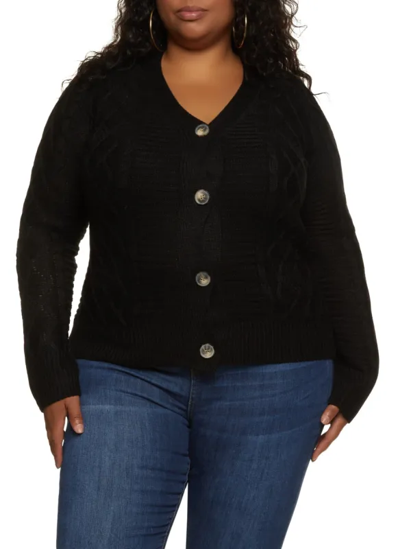 Plus Size Solid Cable Knit Button Front Cardigan sold by Rainbow
