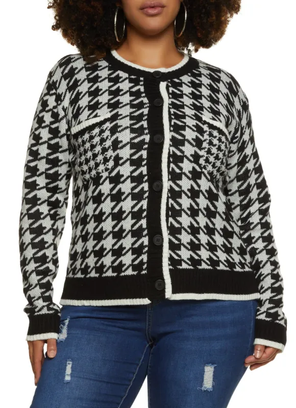 Plus Size Houndstooth Print Button Front Cardigan sold by Rainbow